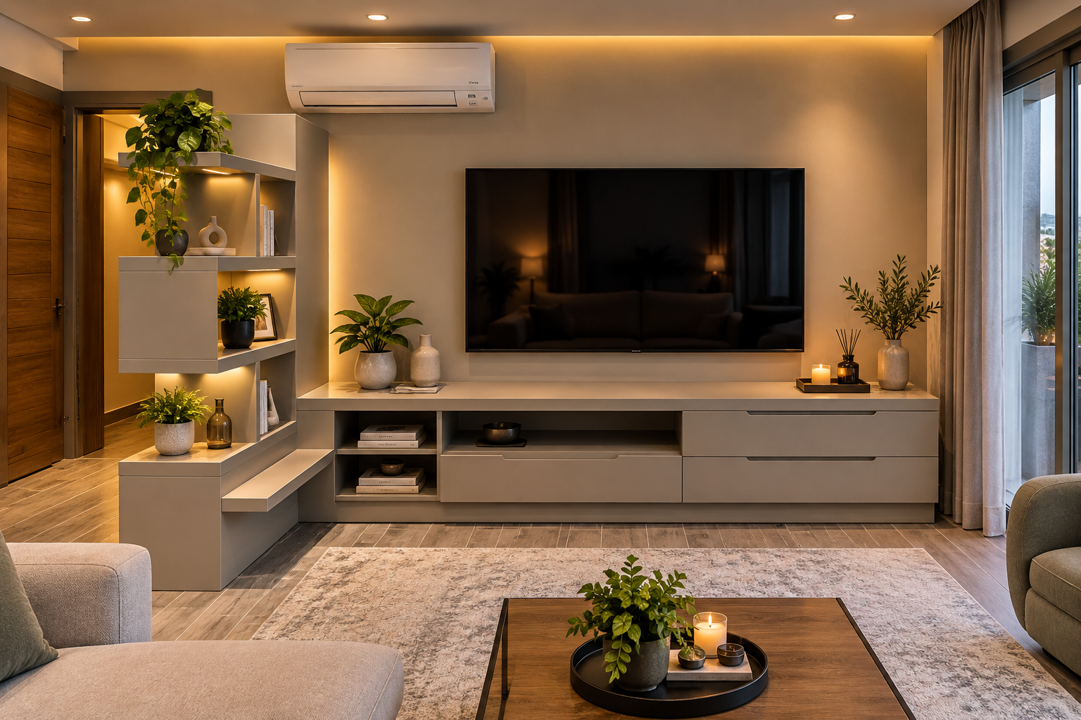 Minimalist TV Duvarı ve Sıcak Salon Modern Lüks TV Ünitesi ve Dekoratif Duvar Raf Sistemi - Görsel 1